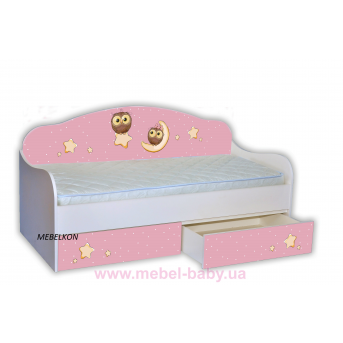 Кроватка диванчик Совушки на розовом с ящиком и бортиком MebelKon 80х170