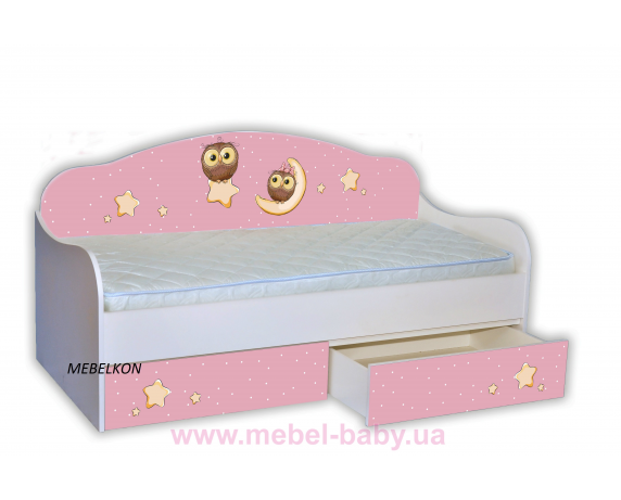 Кровать-диванчик Совушки на розовом с ящиком и бортиком MebelKon 80х170