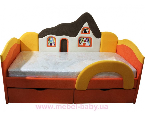 Детская кроватка-диванчик с ортопедическим матрасом домик Ribeka 70x160 оранжевый