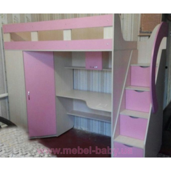 Кровать-чердак с рабочей зоной, угловым шкафом и лестницей-комодом (кл29-3) Мерабель 80x190
