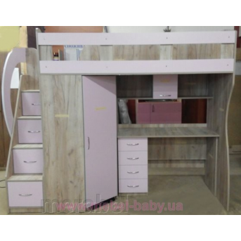 Кровать-чердак с мобильным столом, угловым шкафом и лестницей-комодом (кл4-4) Мерабель 80x190