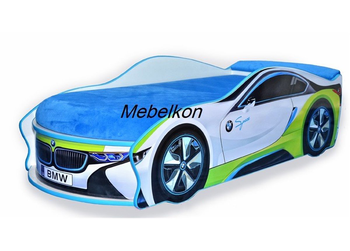 Кровать-машина БМВ Space 70х150 с подъемным механизмом с матрасом и спойлером MebelKon