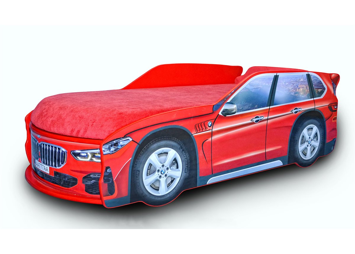 Кровать машина Джип БМВ Х5 80х170 без подъемного механизма с матрасом и спойлером MebelKon красная Кровать машина Джип БМВ Х5 80х170 без подъемного механизма с матрасом и спойлером MebelKon красная