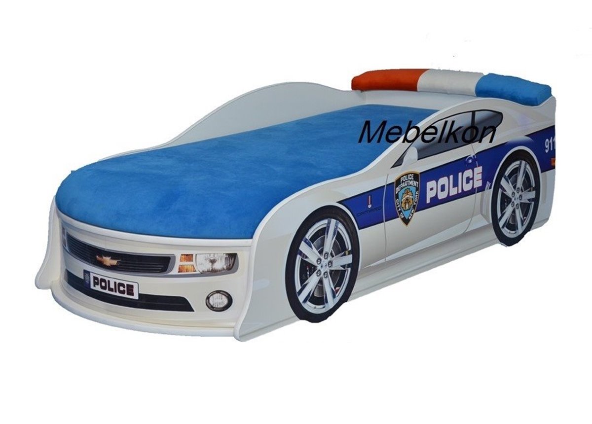 Кровать-машина Камаро Полиция 80х180 с подъемным механизмом с матрасом и спойлером MebelKon