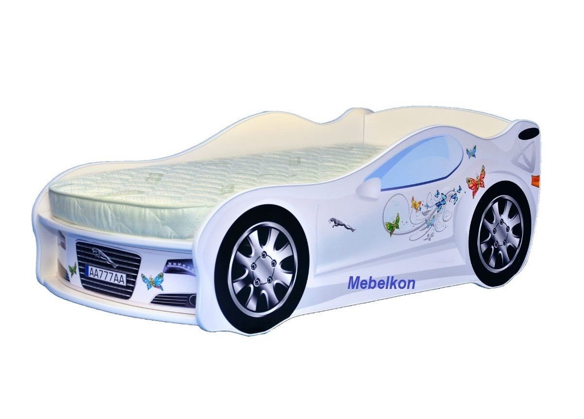 Кровать машина Ягуар с бабочками 80х170 без подъемного механизма без матраса без спойлера MebelKon