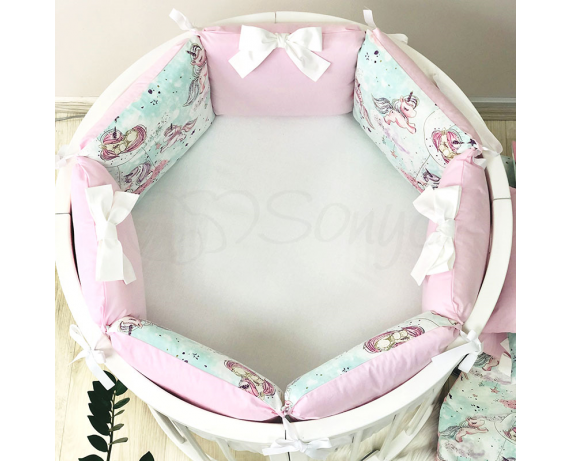Бортики Shine Единорог розовый + простынь для круглых кроваток Маленькая Соня
