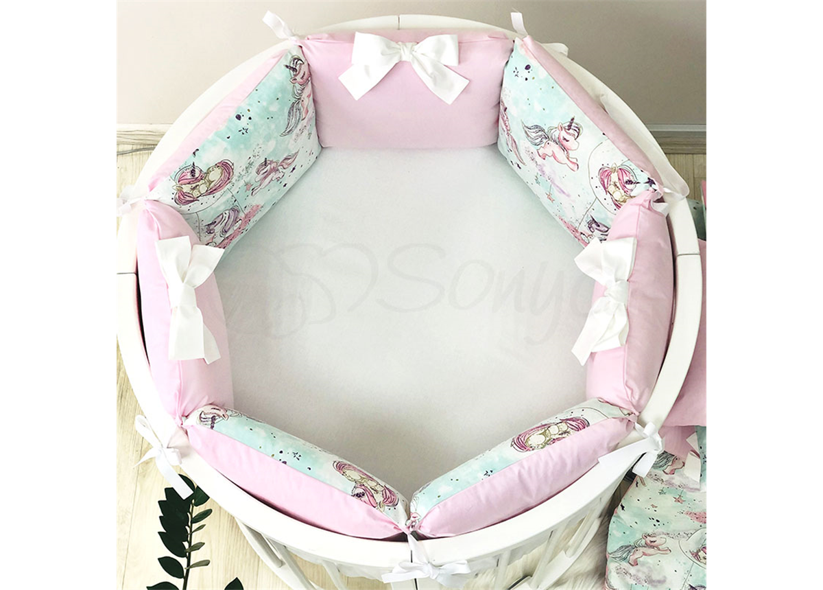 Бортики Shine Единорог розовый + простынь для круглых кроваток Маленькая Соня