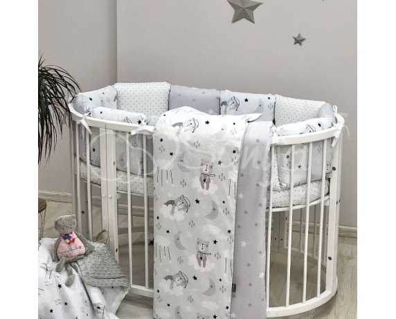 Комплект Baby Design Коты в облаках серый (6 предметов) для круглых кроваток Маленькая Соня