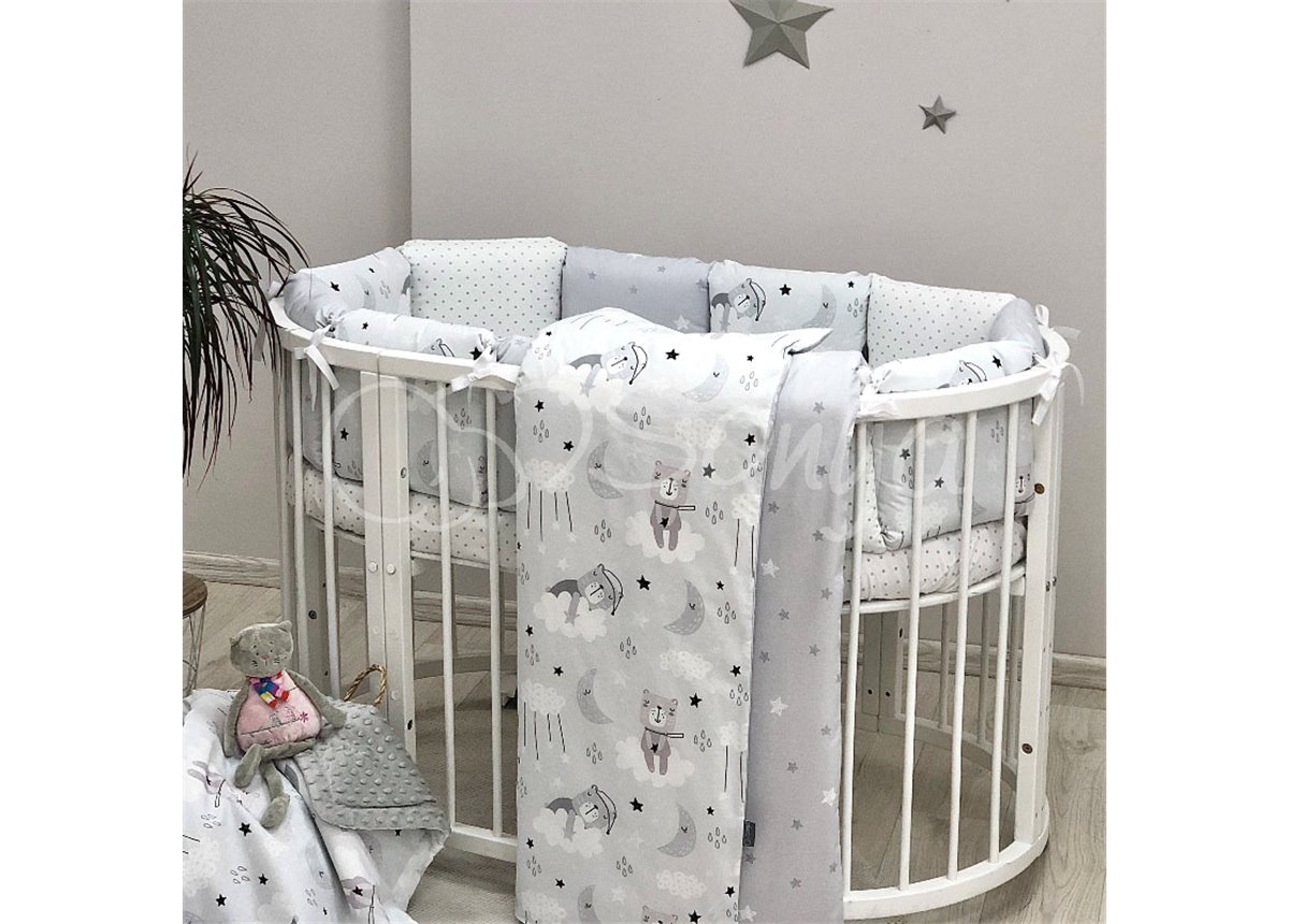 Комплект Baby Design Коты в облаках серый (6 предметов) для круглых кроваток Маленькая Соня