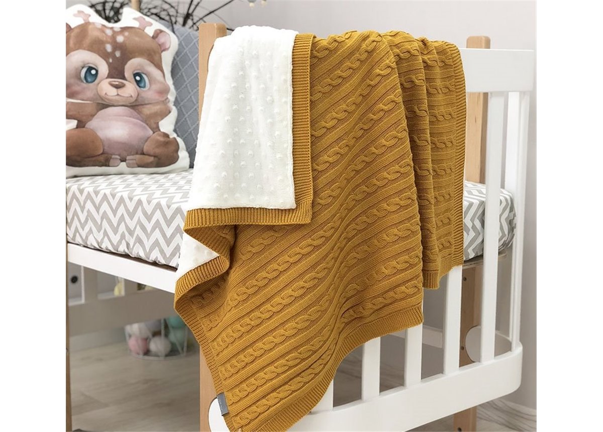 Плед вязаный WellSoft Коса горчица 80х100 Маленькая Соня