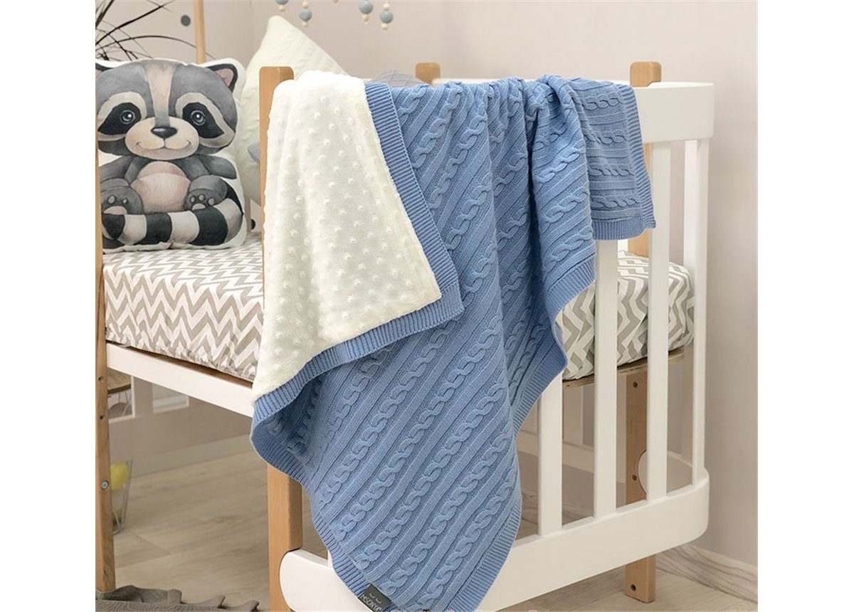 Плед вязаный WellSoft Коса голубой 80х100 Маленькая Соня