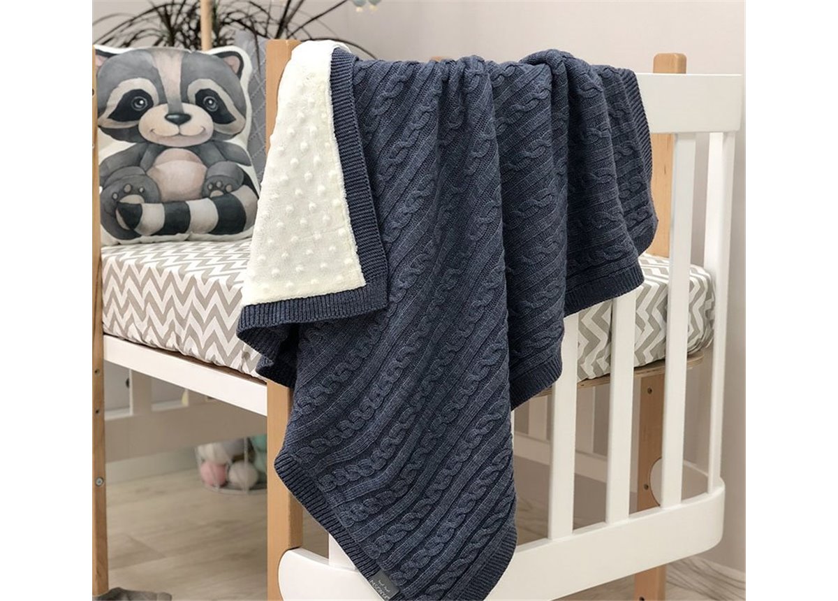 Плед вязаный WellSoft Коса синий 80х100 Маленькая Соня