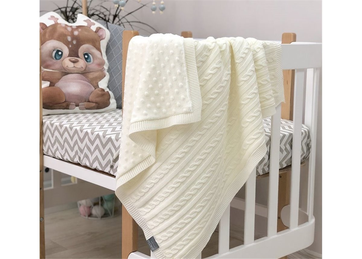 Плед вязаный WellSoft Коса молочный 80х100 Маленькая Соня