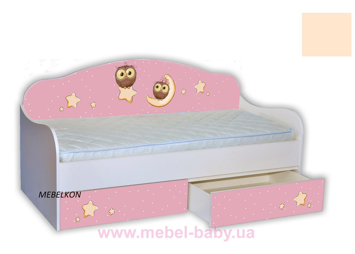 Кроватка диванчик Совушки на розовом с бортиком MebelKon 80х170