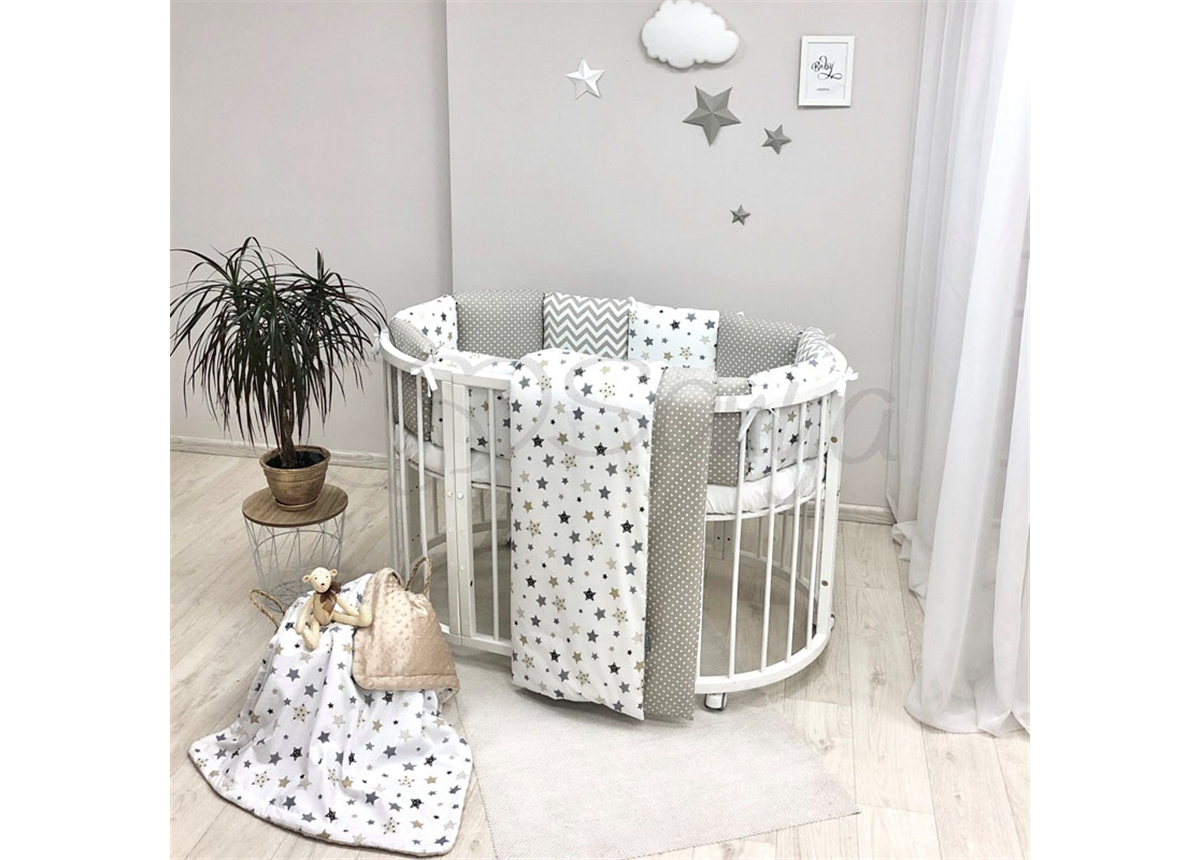 Комплект Baby Design Stars серо-бежевый (6 предметов) для круглых кроваток Маленькая Соня