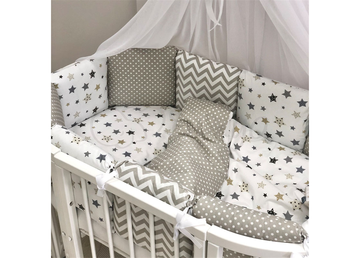 Бортики для круглых кроваток Baby Design Stars серо-бежевый + простынь Маленькая Соня
