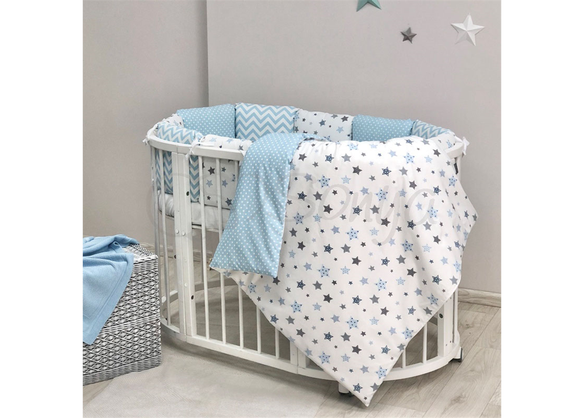 Комплект Baby Design Stars серо-голубой (6 предметов) для круглых кроваток Маленькая Соня