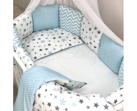 Бортики для круглых кроваток Baby Design Stars серо-голубой + простынь Маленькая Соня