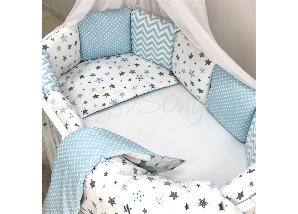 Бортики для круглых кроваток Baby Design Stars серо-голубой + простынь Маленькая Соня