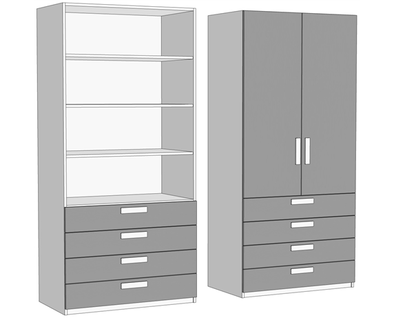 Шкаф двухдверный с полками с 4 ящиками (схема) Fmebel стандарт