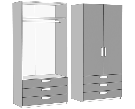 Шкаф двухдверный со штангой с 3 ящиками (схема) Fmebel стандарт