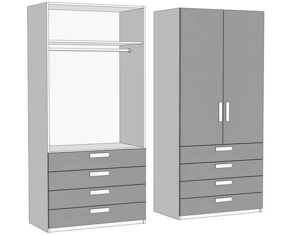 Шкаф двухдверный со штангой с 4 ящиками (схема) Fmebel стандарт