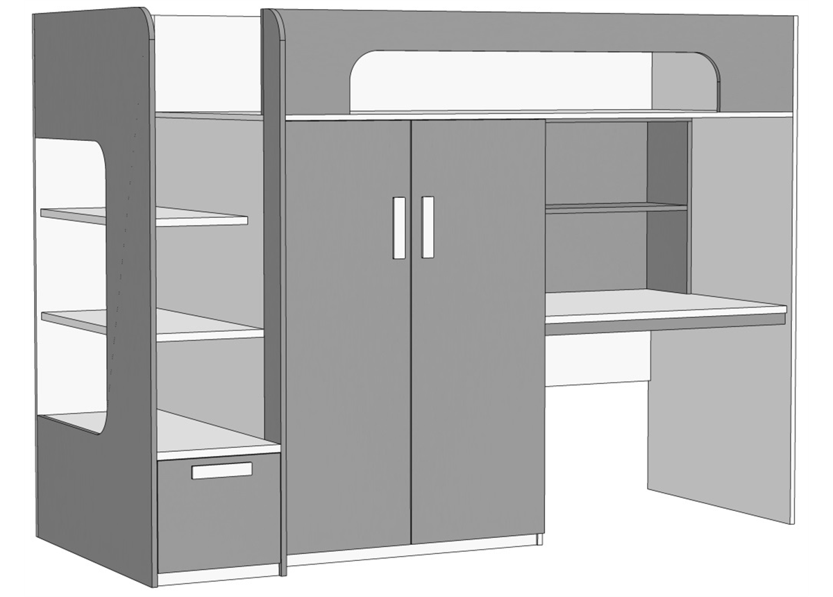 Кровать-чердак с ящиком в ступенях, компьютерный стол+шкаф (схема) Fmebel элит