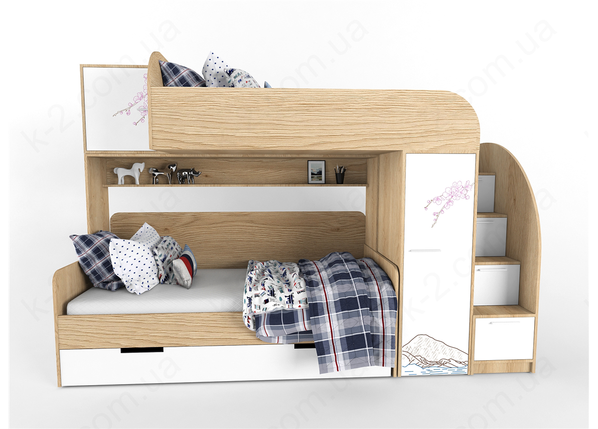 51 Кровать двухъярусная со ступеньками-комодом 90х190/200 серия Sakura К-2 элит