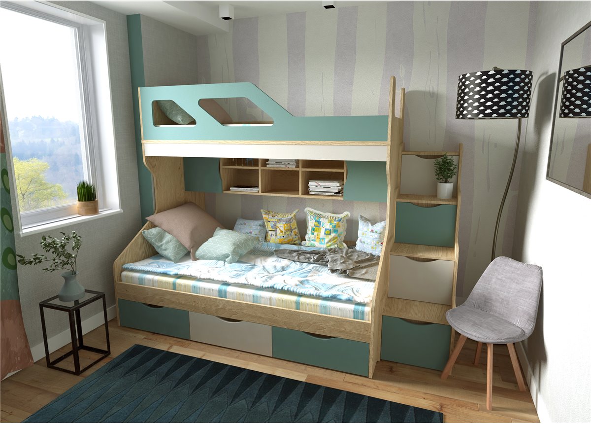 Двоярусне ліжко з широким нижнім спальним місцем для дорослих Вроцлав Fmebel 120х190, 140х190, 160х190