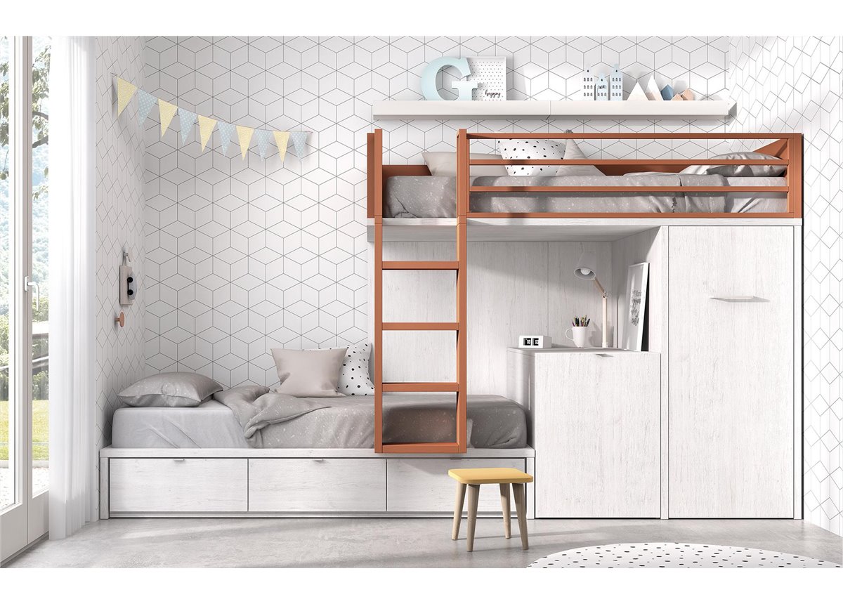 Двухъярусная кровать со шкафом и столом Ла-Пас Fmebel 90x200