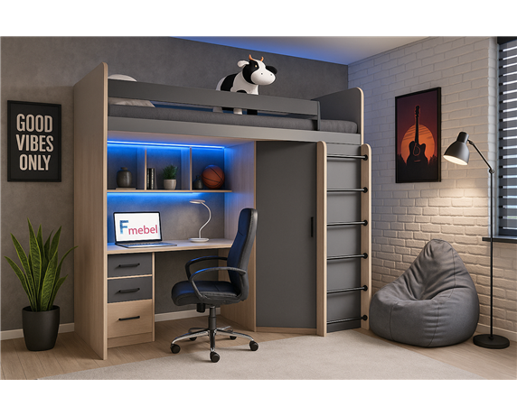 Кровать-чердак со столом Окленд Fmebel 80x190
