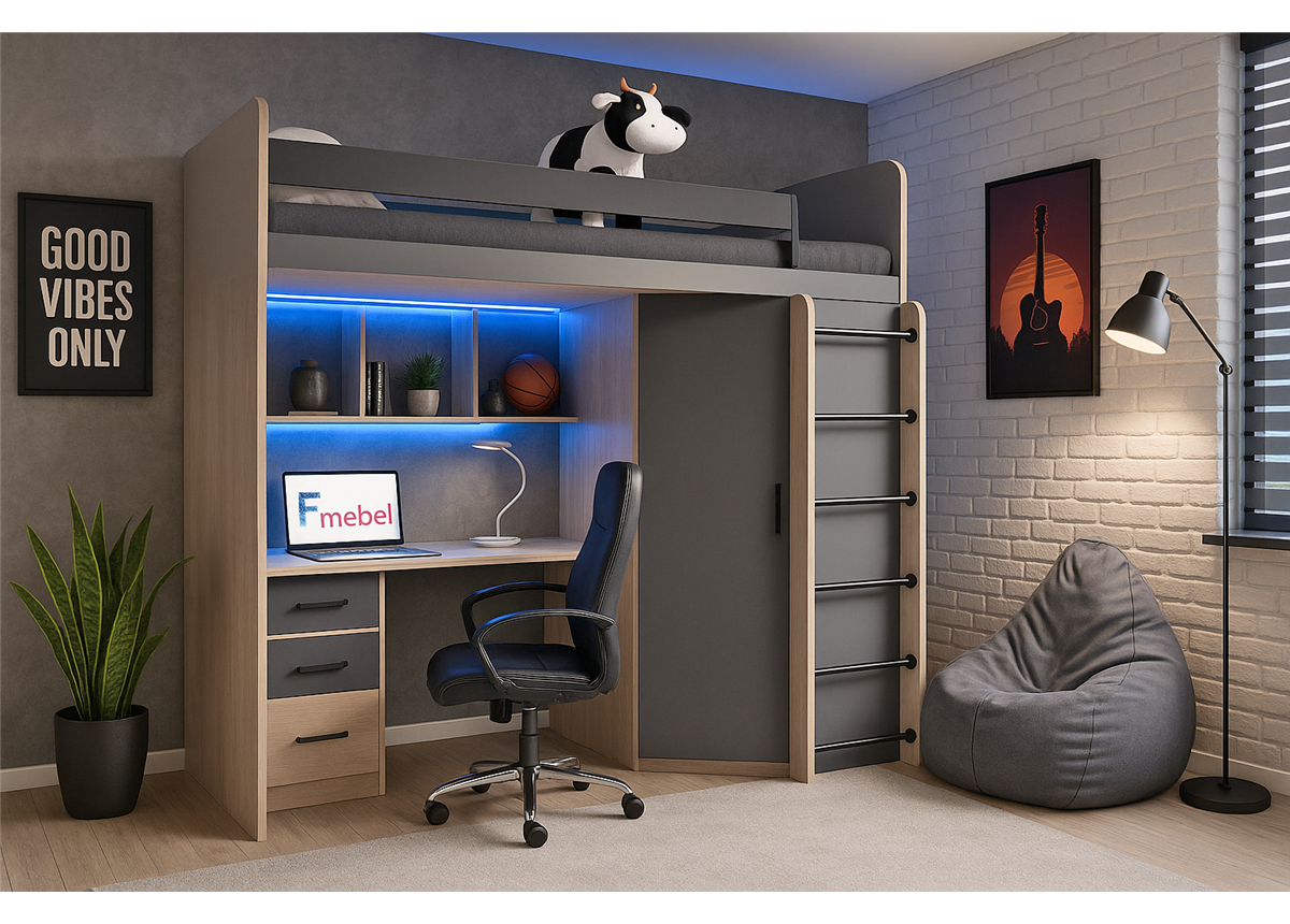 Кровать-чердак со столом Окленд Fmebel 80x190