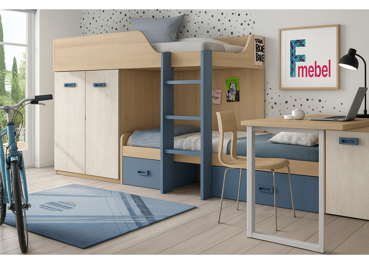 Двухъярусная кровать со шкафом и столом Гамильтон Fmebel 90x200