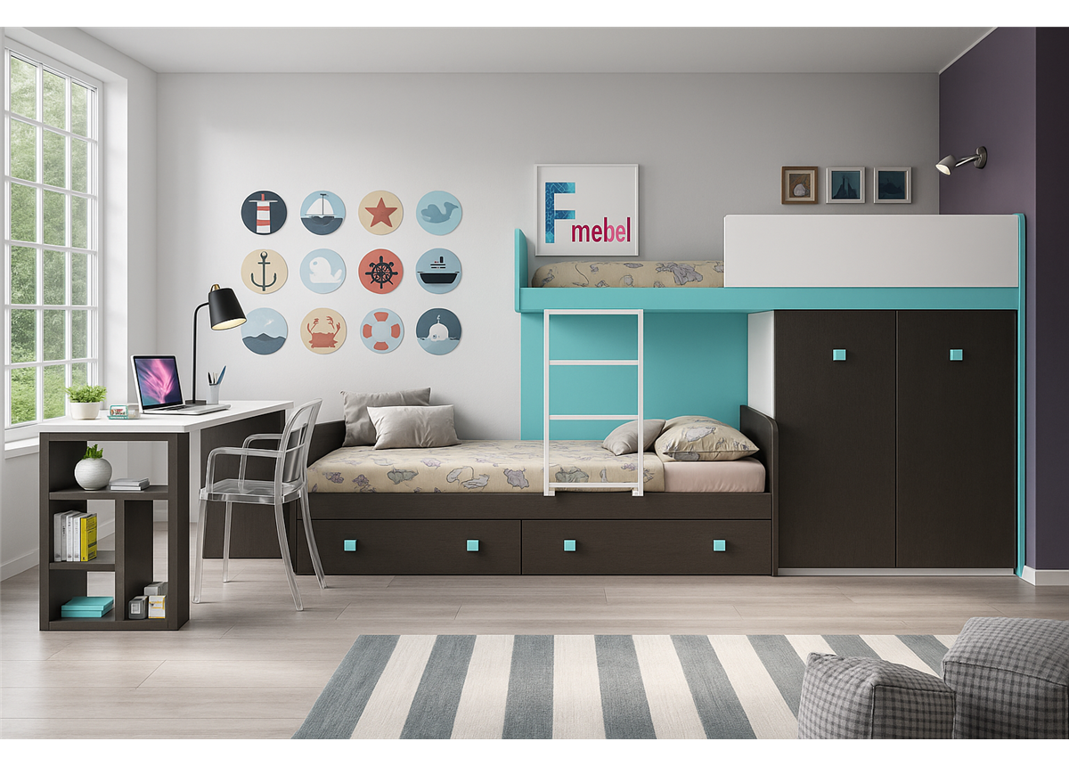 Двухъярусная кровать со шкафом и столом Рен Fmebel